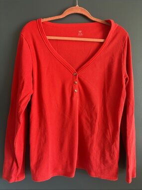 GAP Red Ribbed Henley Long Sleeve Top